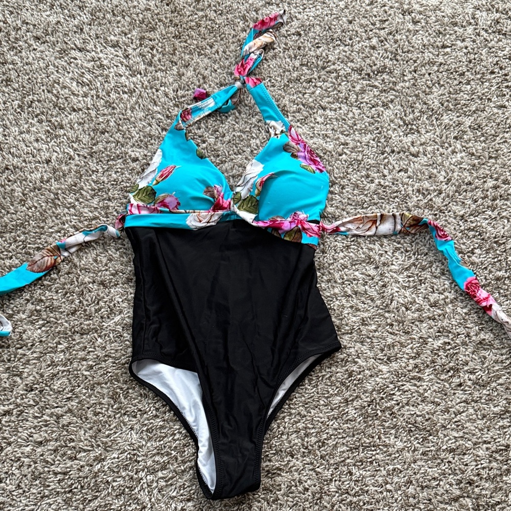 Cupshe Floral Turquoise and Black Kids One Piece